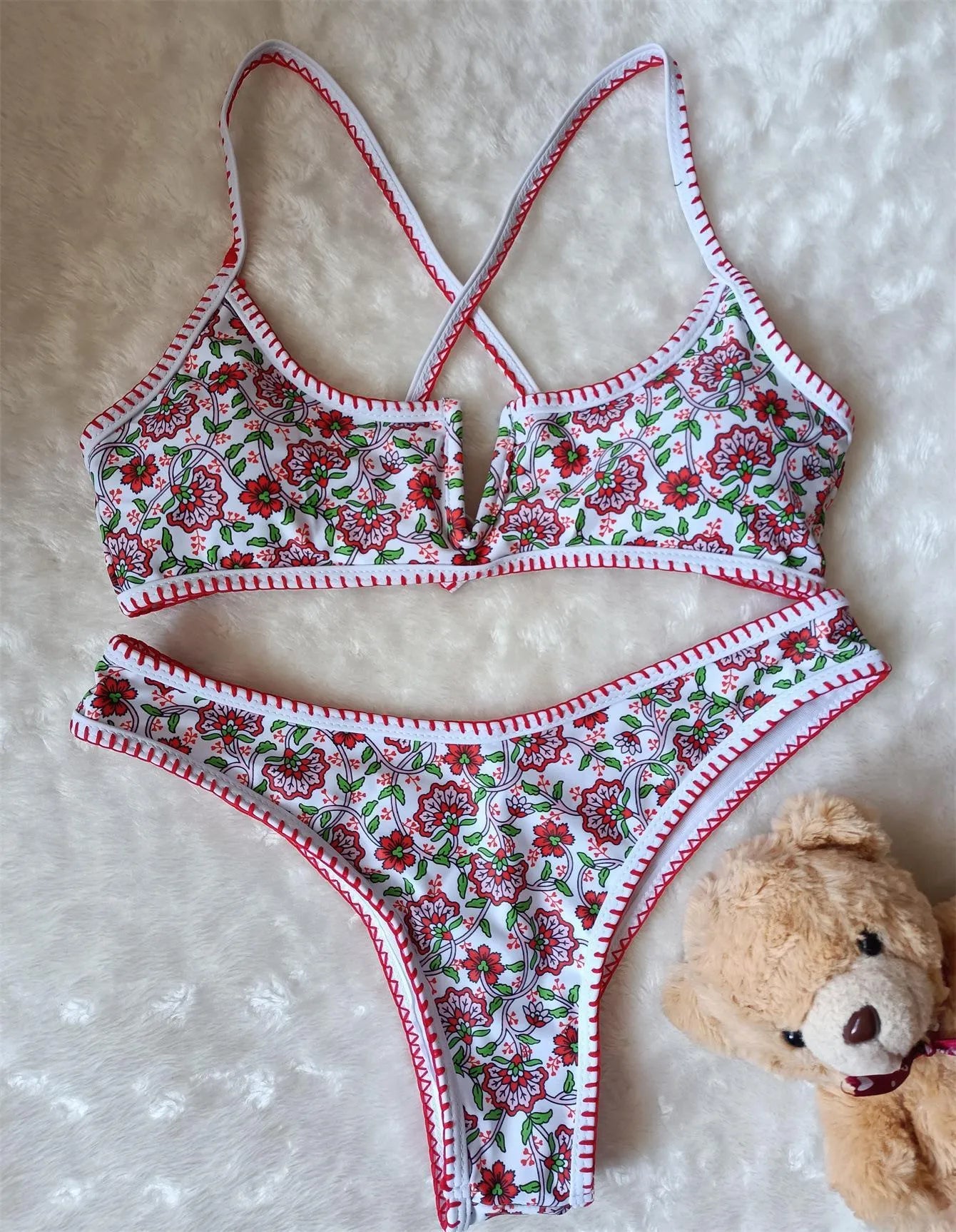 Women's V-neck one-piece swimsuit with European floral pattern and embroidery on quick-dry polyester fabric