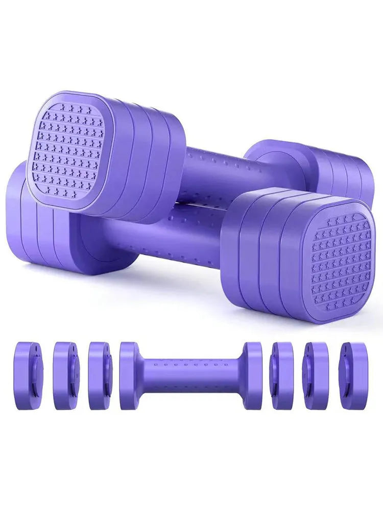 A set of pink detachable plastic dumbbells for women's fitness on a grey background.