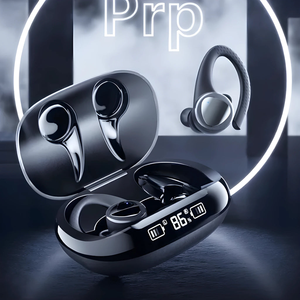 Black and silver true wireless Bluetooth headphones with charging case for gaming sports running