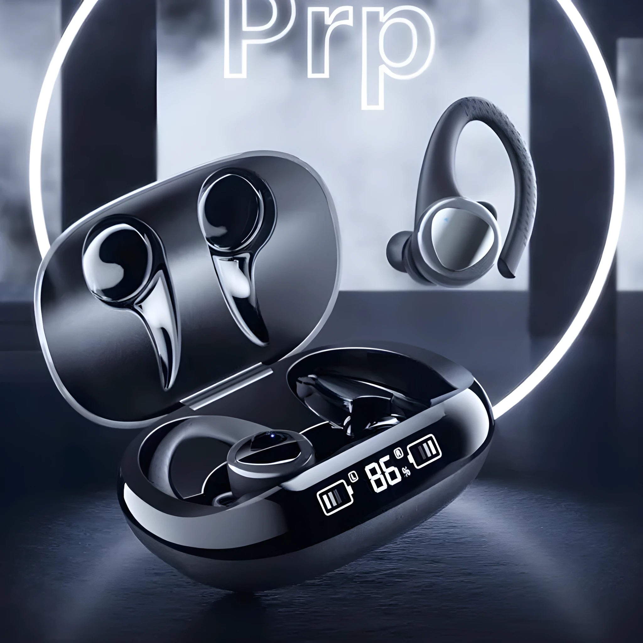 Black and silver true wireless Bluetooth headphones with charging case for gaming sports running