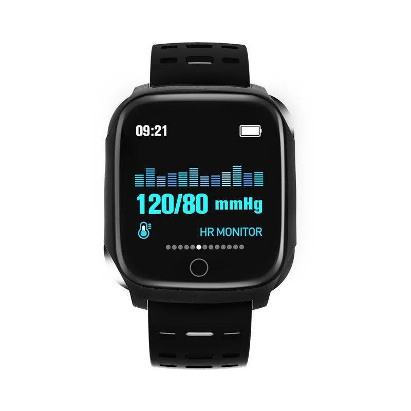 F16 Smart Watch with ECG monitoring on silicone wristband showing black/green, black/grey, and black/red colour options