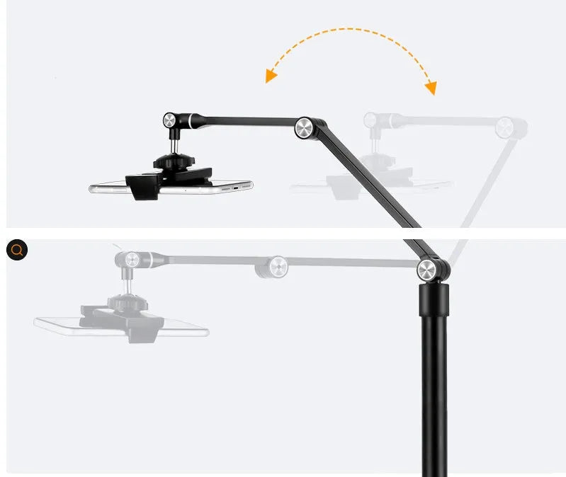 Black mobile phone tablet stand with fill light attachment in folded position showing rotation mechanism