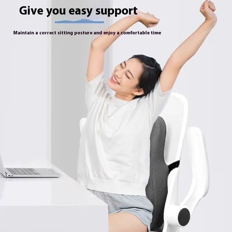 Grey lumbar support cushion for office chair measuring 40cm wide, shown next to navy blue and pink colour options.