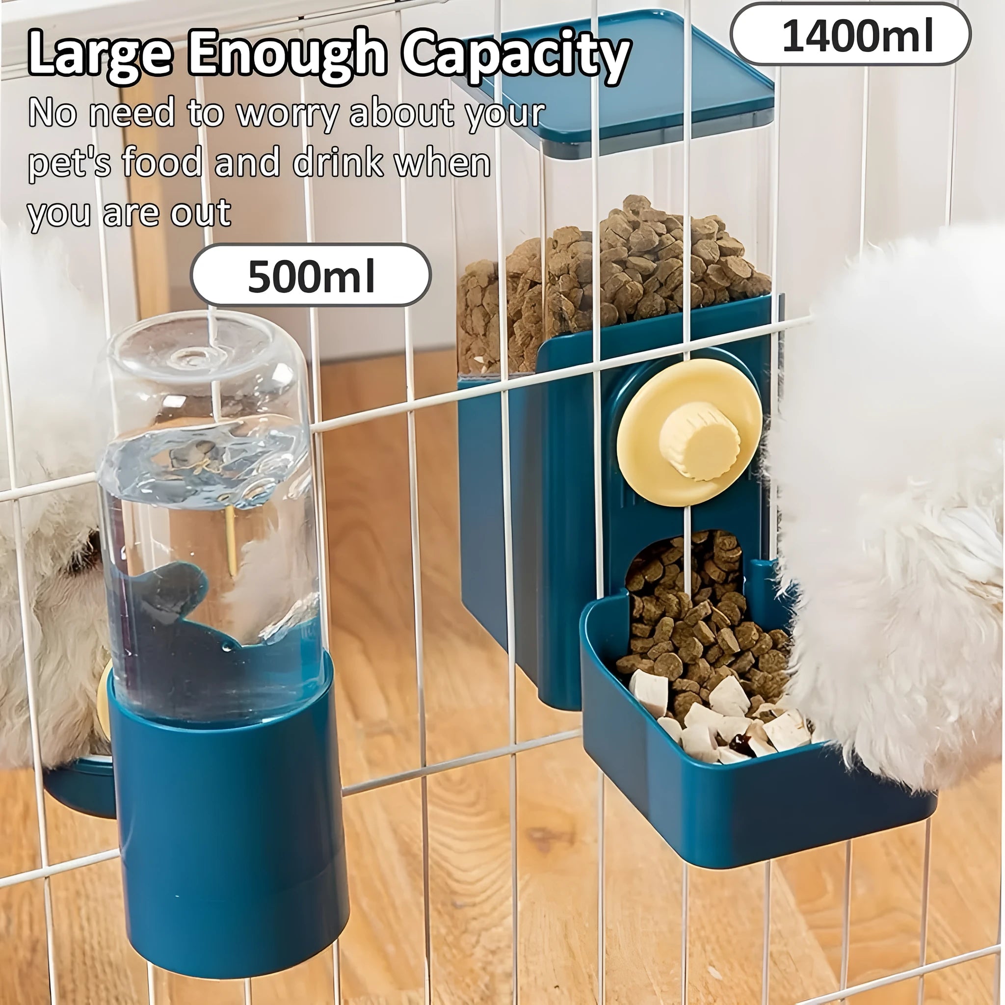 Transparent hanging automatic pet feeder with water and food dispensers for rabbit cages