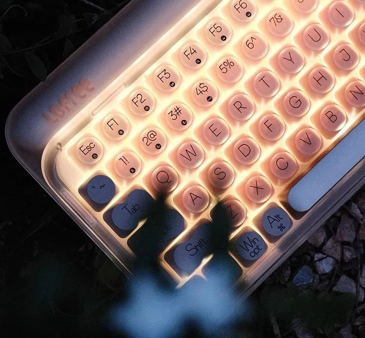 Liquid foundation coloured wireless mechanical keyboard set with mouse, desk lamp, and calculator.