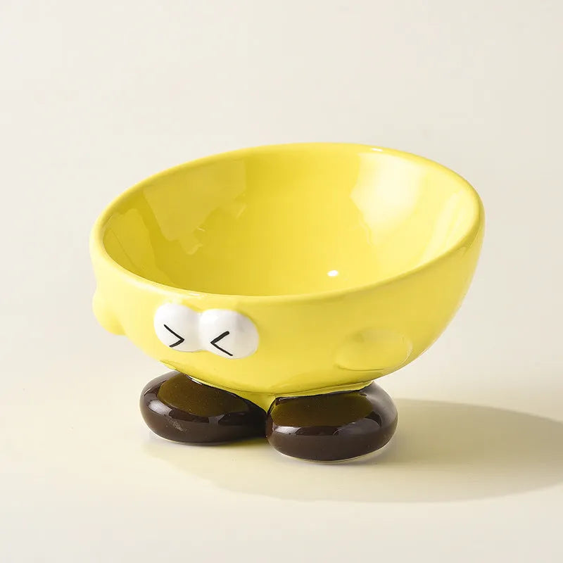 Cute Expression tall slanted ceramic pet food bowl in blue and yellow colours for cats and dogs
