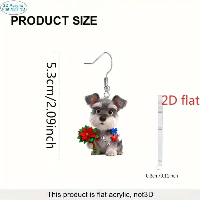 Flat cartoon schnauzer dog acrylic earrings in Christmas style on a white background