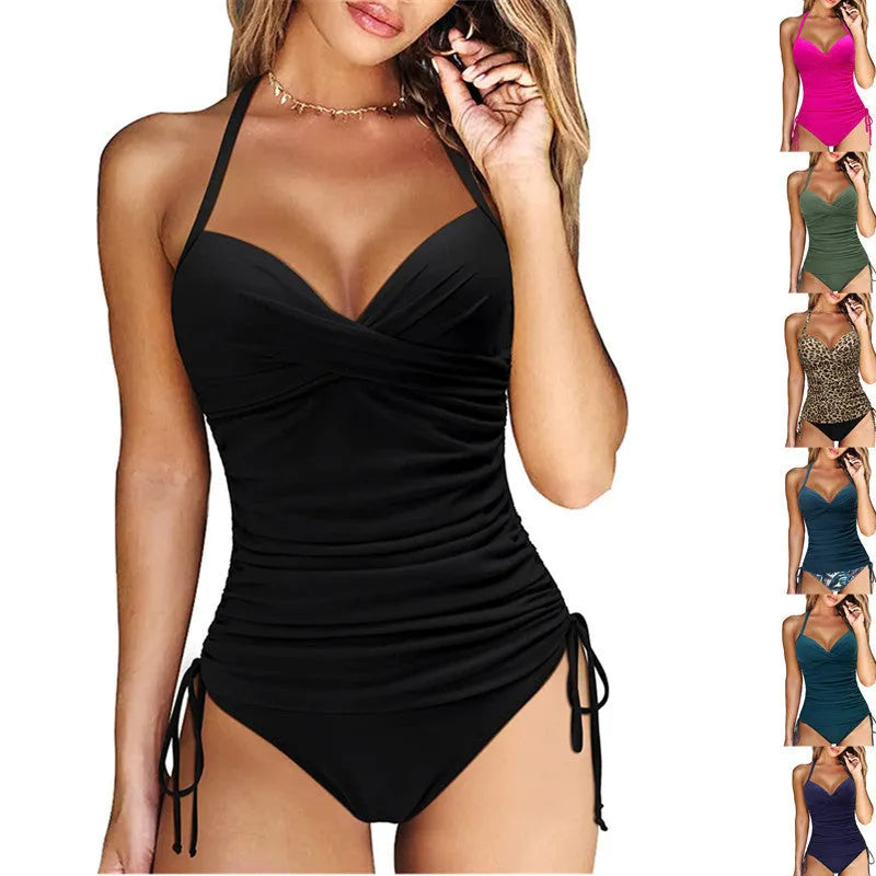Women's solid colour high waist nylon bikini set in a slim fit design for swimming.