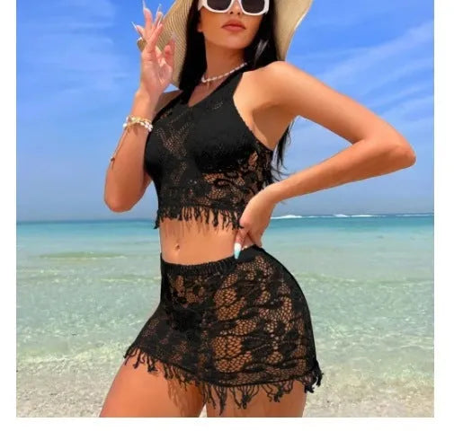 Women's white lace bikini two-piece swimsuit with black tassel skirt beach cover-up