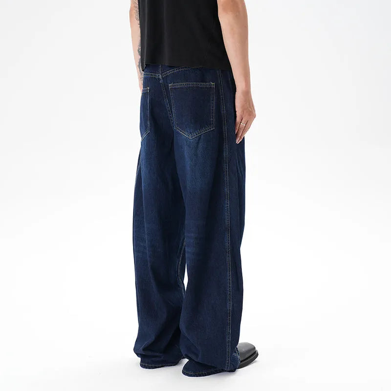 Women's washed distressed dark blue wide leg machete jeans on hanger