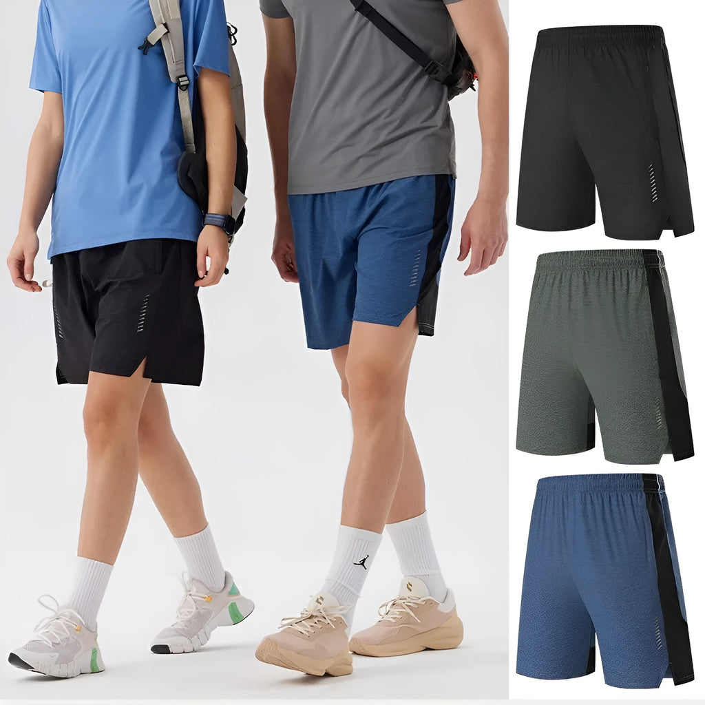 Man wearing forest green stretch spandex casual shorts with a mid-waist fit and shorts length.