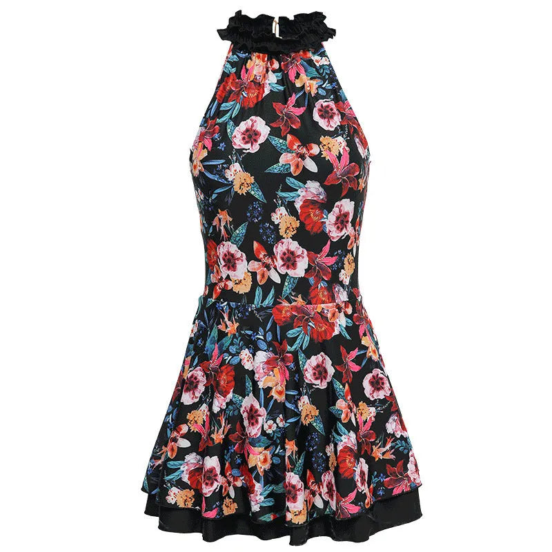 Black printed one-piece swimsuit on a hanger, conservative style.