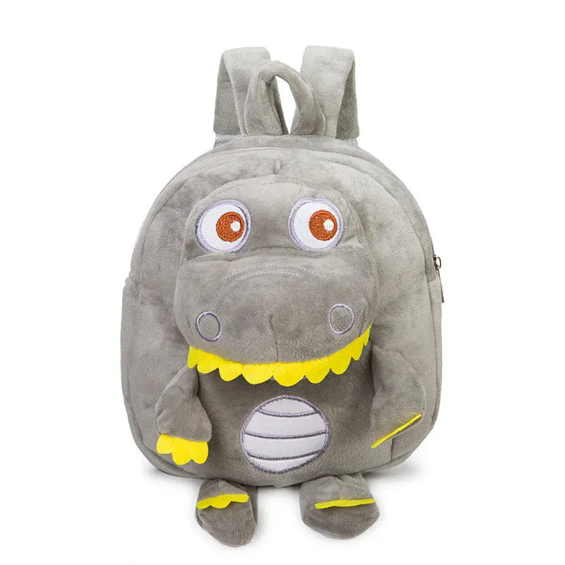 Baby dinosaur plush toy backpack with embroidery design in blue colour showing soft handle and animal pattern