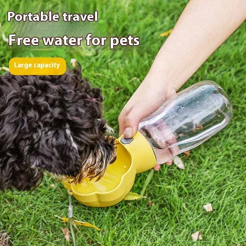 Portable dog water cup in yellow with 320ml capacity and separate food cup