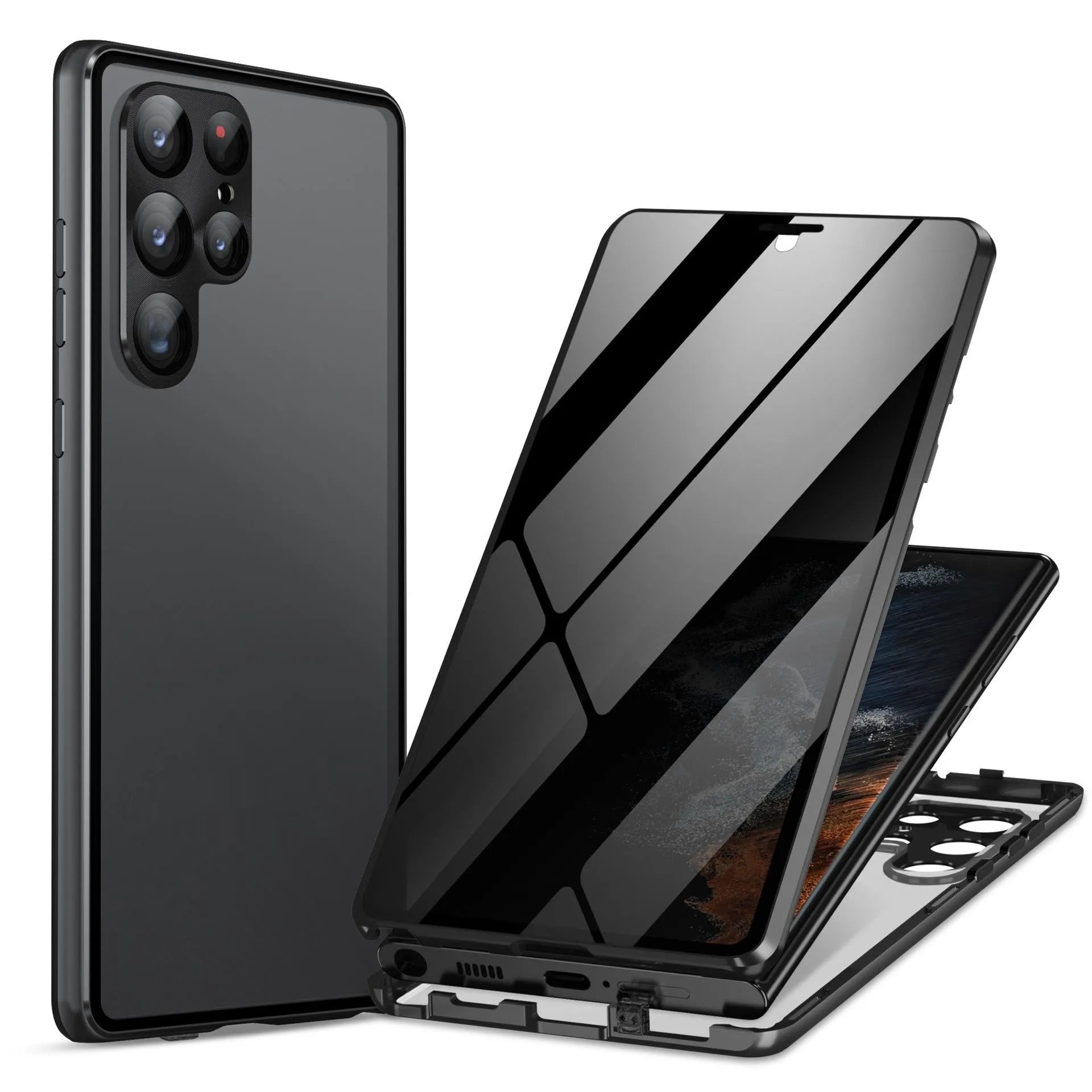 Metal phone case for Samsung S21 S22 series in black with anti-peep magnetic screen and stamped metal finish