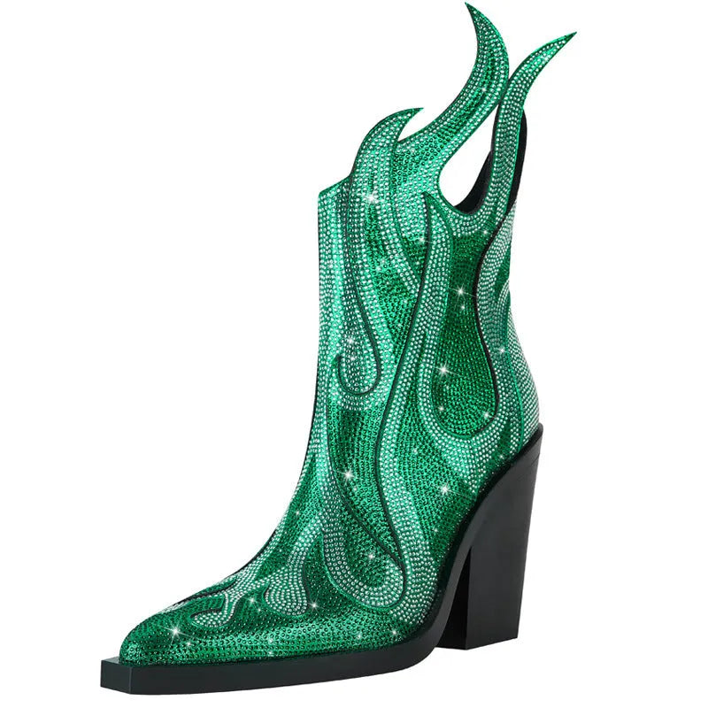 Women's black chunky heel Martin boots with square toe and rhinestone flame decoration on the side.