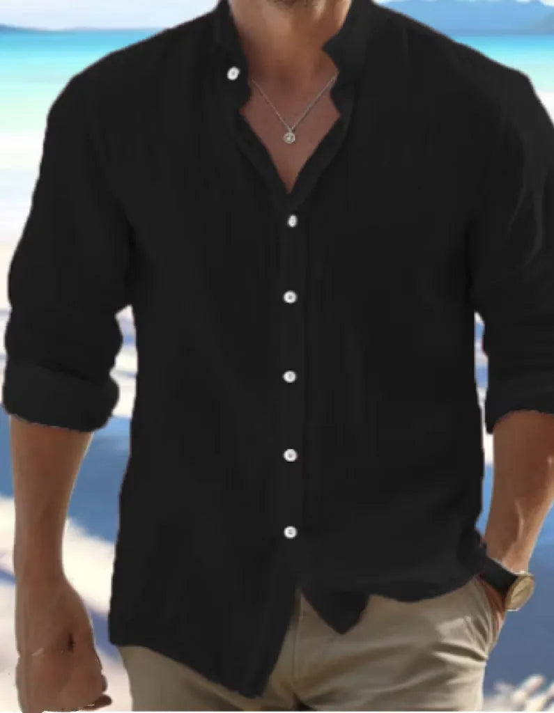 Men's light grey long-staple cotton button-front beach shirt laid flat.