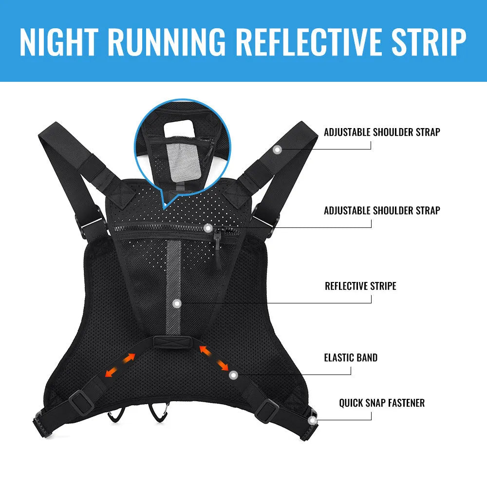 Outdoor sports chest bag with breathable vest design in Oxford cloth available in black, blue, and grey colours