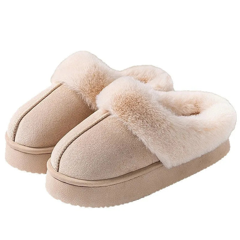 Indoor couple slippers with suede upper, thick EVA sole, and velboa lining in beige colour