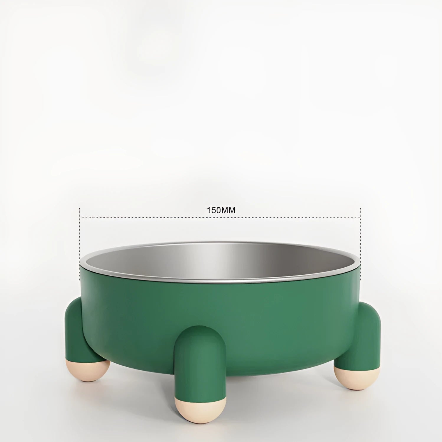 Green stainless steel pet bowl with non-slip base and raised high foot on a wooden floor.