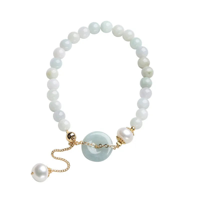 Natural jade peace buckle pearl bracelet with geometric pendant on wrist