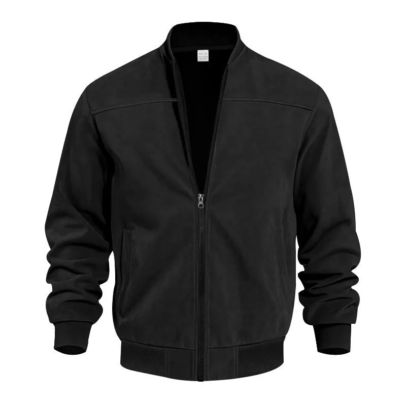 Men's casual plus size suede-effect zip jacket in Army Green colour on a hanger.