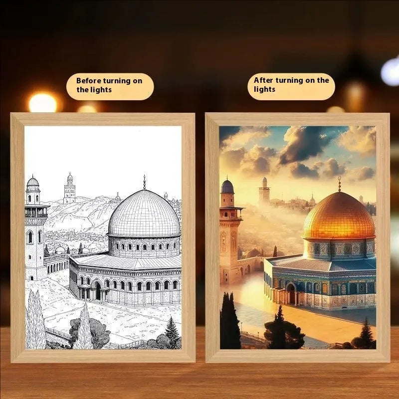 Handmade rectangular light painting photo frame showing illuminated themed artwork with USB cable
