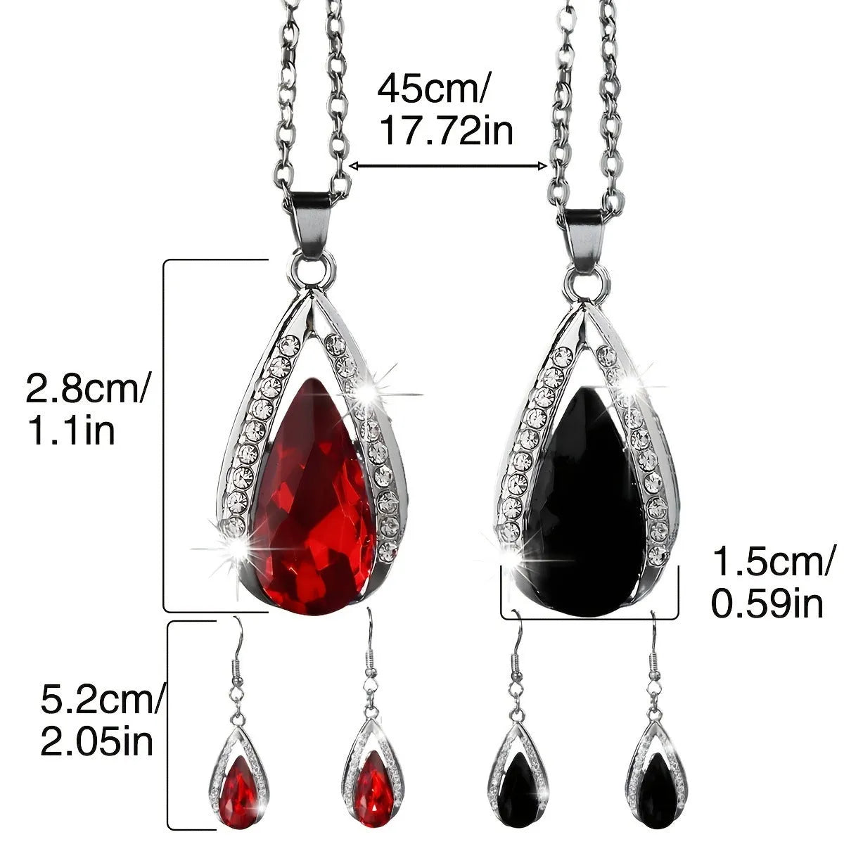 Black and red teardrop glass pendant necklace and matching earrings set on a grey background