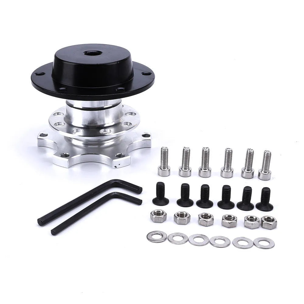 Car steering wheel quick release adapter in black, red, blue, silver, and gold colour options.