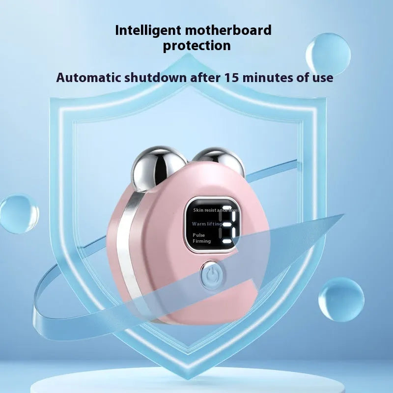 Portable white facial massager with hot compress function and double-roller head on a pink background.
