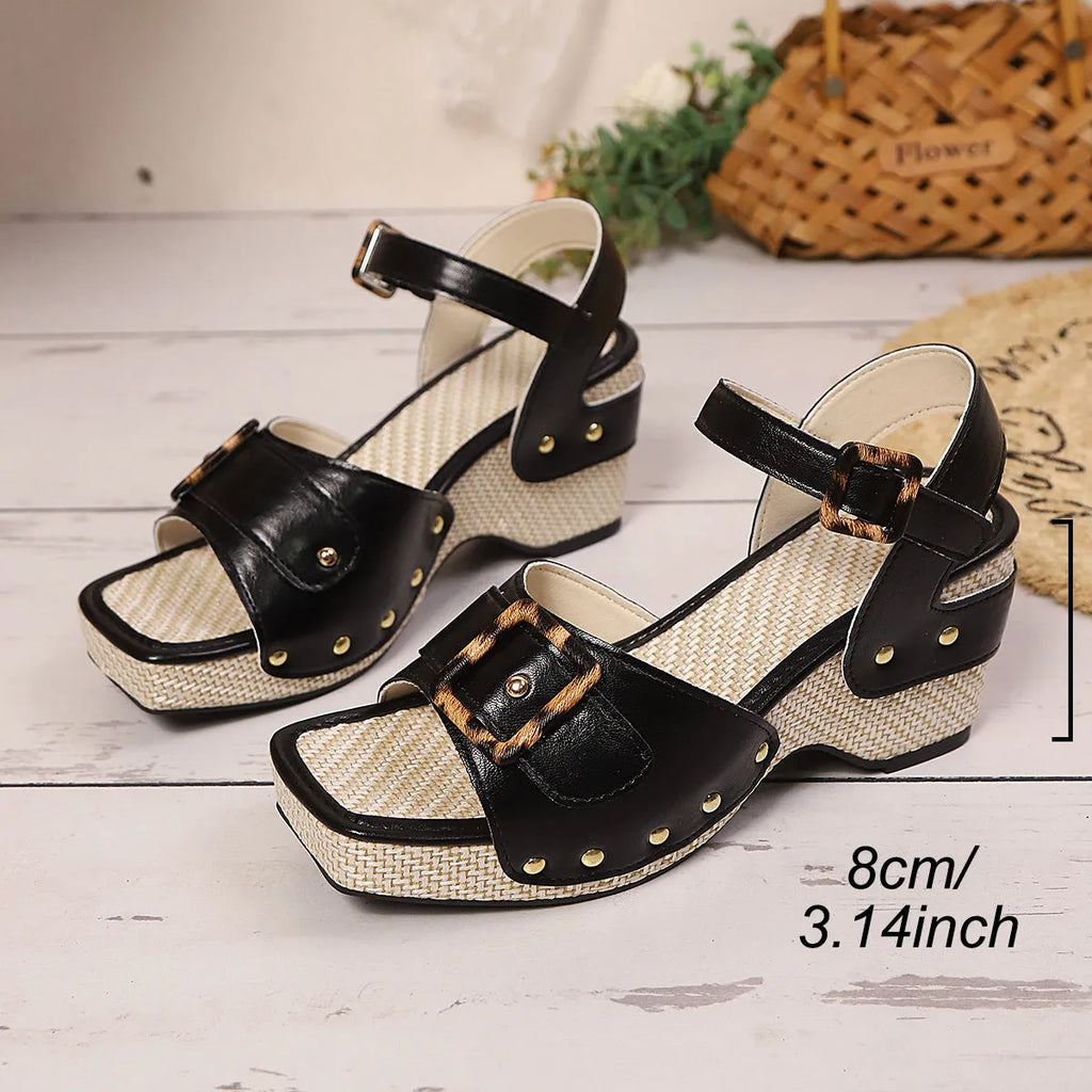 Women's black chunky heel sandals with metal buckle and square toe design