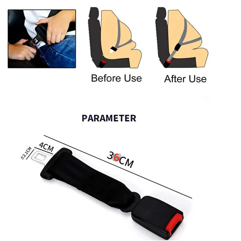Black 36cm car seat belt extender with buckle for 21mm seat belt inserts.