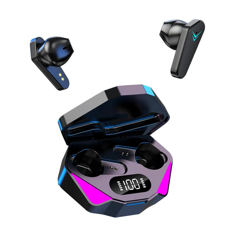 X15 wireless Bluetooth in-ear gaming headset with charging case, showing left and right earpieces.