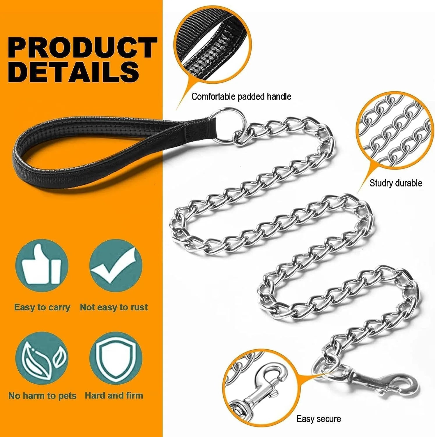 Heavy duty black metal dog chain leash with a soft blue padded handle.