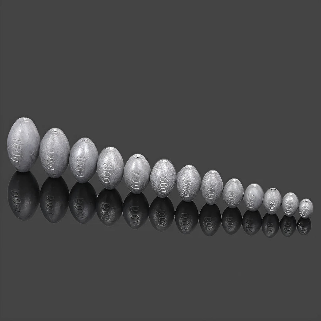 Olive-coloured rugby-shaped sea fishing sinker with a textured scale pattern, showing weight markings.