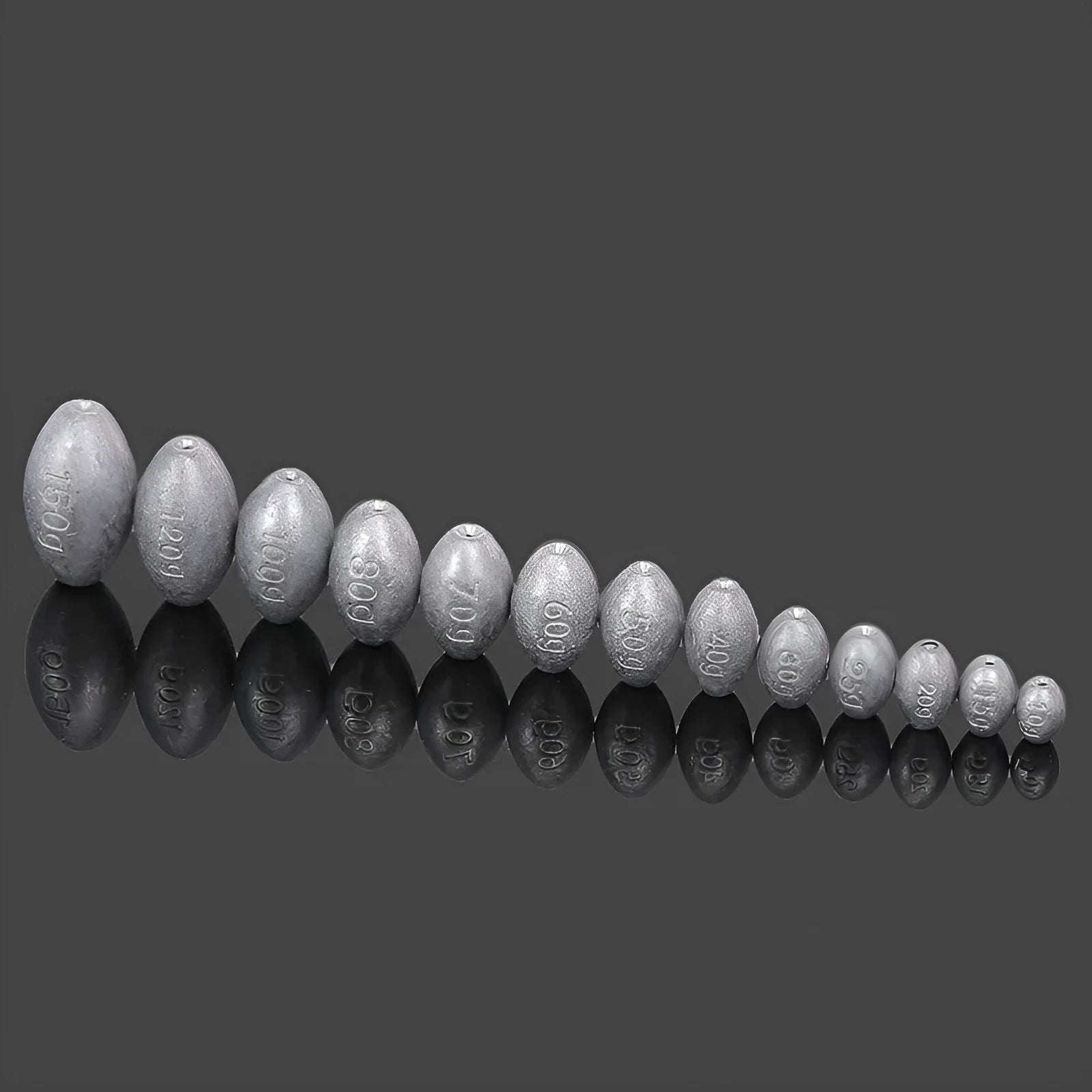 Olive-coloured rugby-shaped sea fishing sinker with a textured scale pattern, showing weight markings.