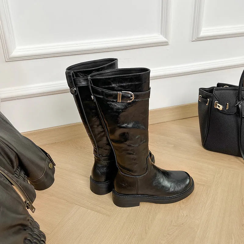Women's knee-high black retro martin boots with square heel and side zipper