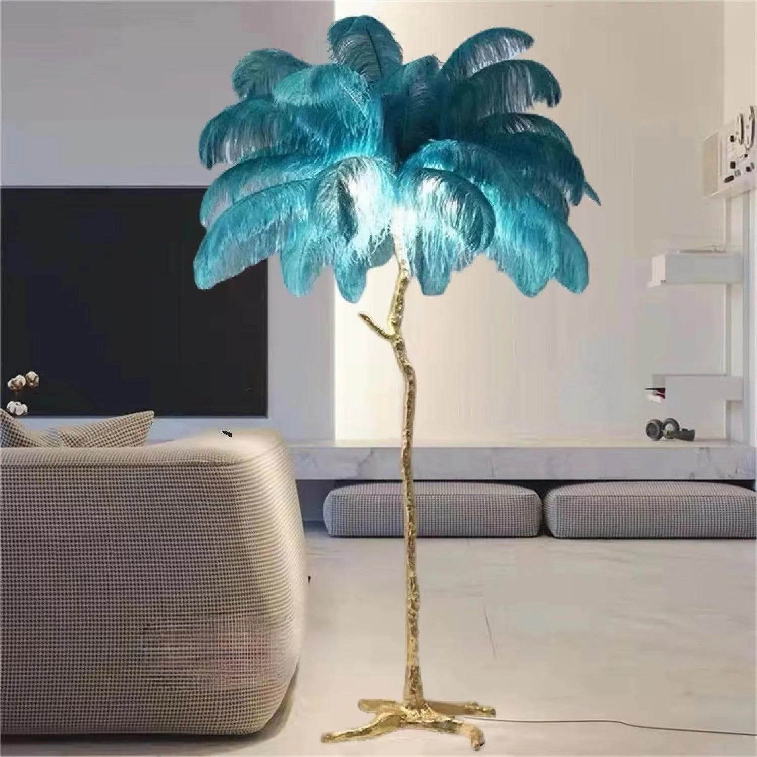 170cm tall decorative floor lamp with resin feathers in dark green, pink or white colours