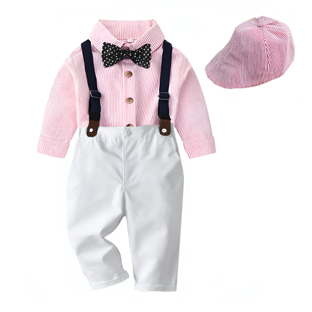 Boys' light blue cotton striped shirt and pants matching suit with hat, long sleeves, shoulder strap