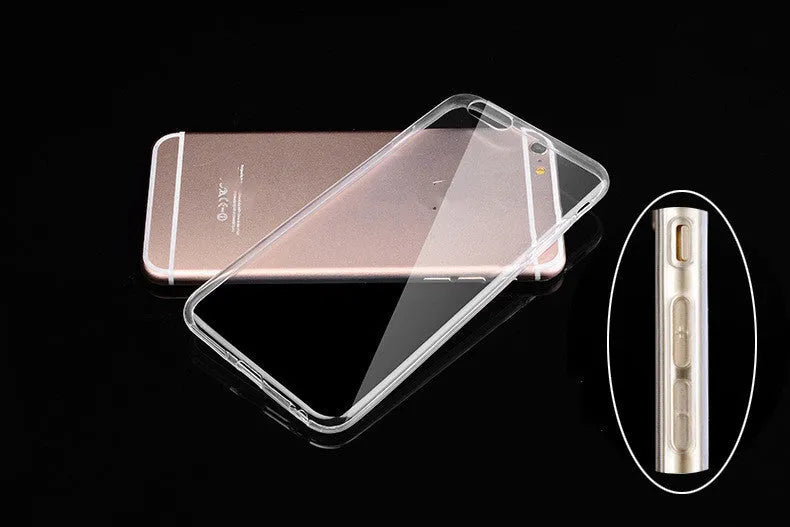 Transparent soft TPU case on an iPhone, showing the phone's screen and colour through the clear material.
