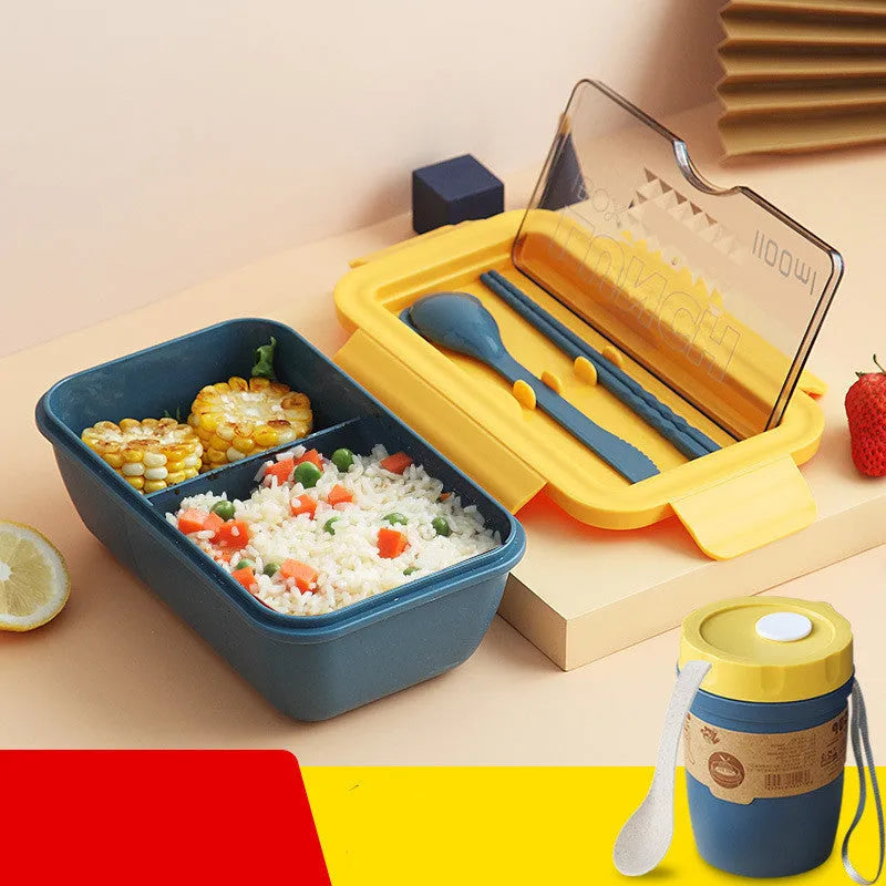 Green four-layer partitioned plastic bento box with lid, showing separate food compartments.