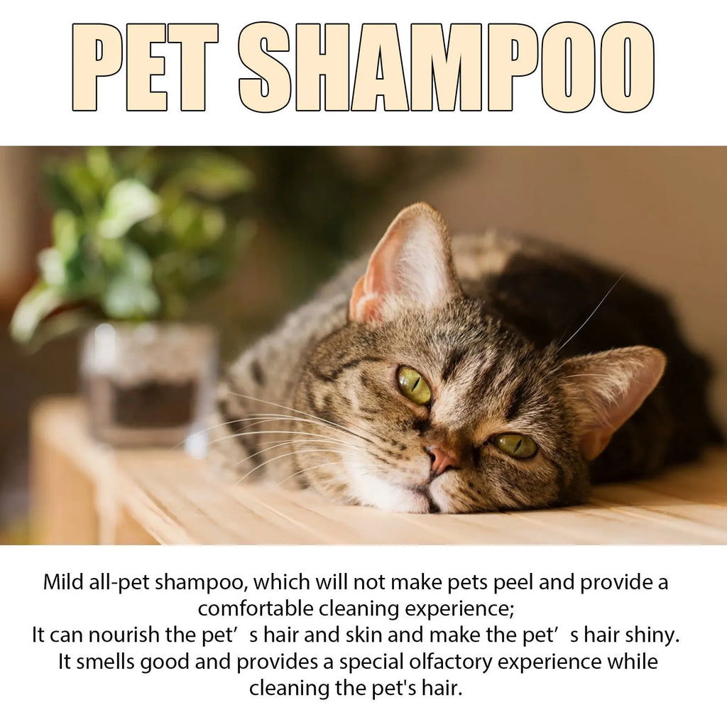 Bottle of mild pet shampoo for cats and dogs that leaves hair soft and unknotted