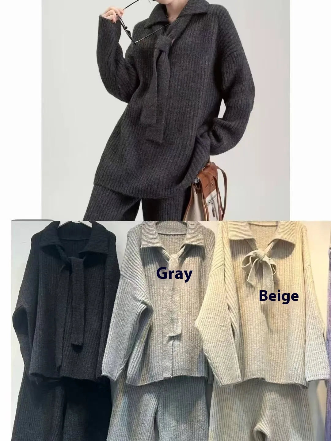 Women's beige knitted two-piece suit set showing V-neck top and straight-leg trousers on a hanger.