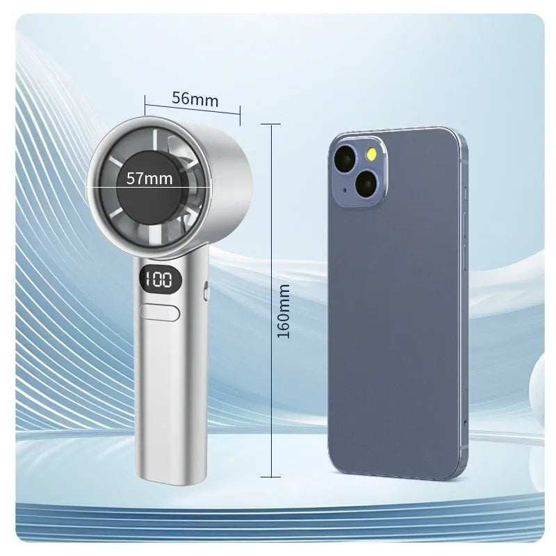 Handheld USB fan with variable speed control in white, silver, khaki, or green colours