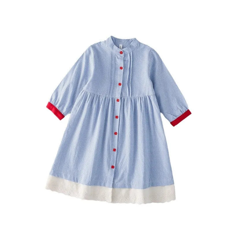 Blue plaid overknee cotton dress for girls, retro style, suitable for height 90-130cm