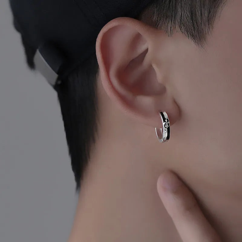 Men's black knight ear clip earrings, copper electroplated geometric ellipse style, sold as a pair