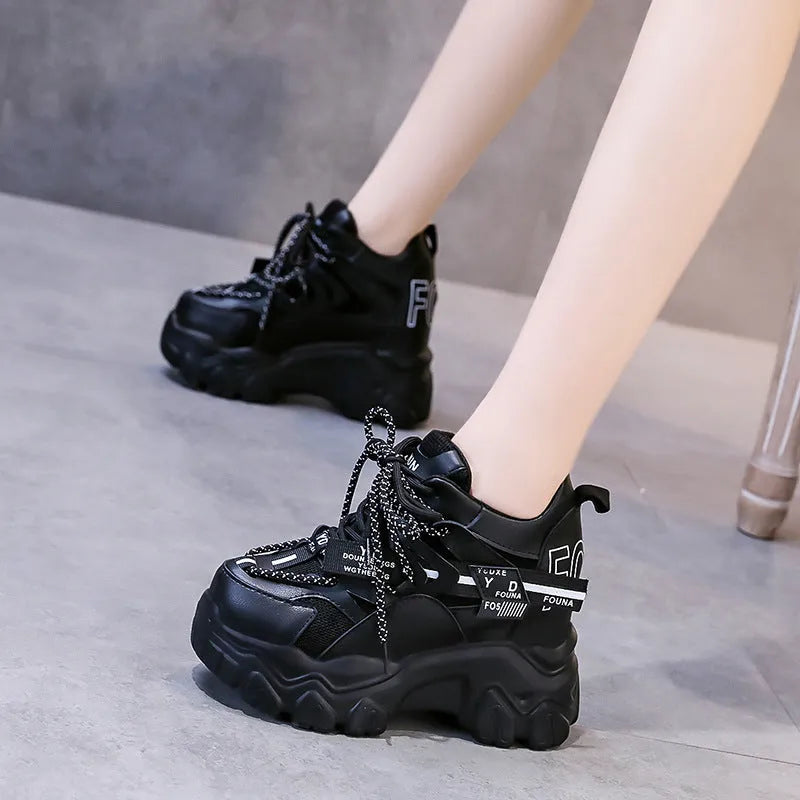 Women's black and white breathable mesh platform sports shoes with cross strap and 6-8cm heel.