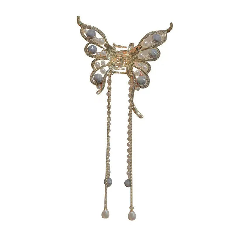 Women's alloy grab clip with butterfly design and 15cm tassel in ancient style, size 8x8.5cm