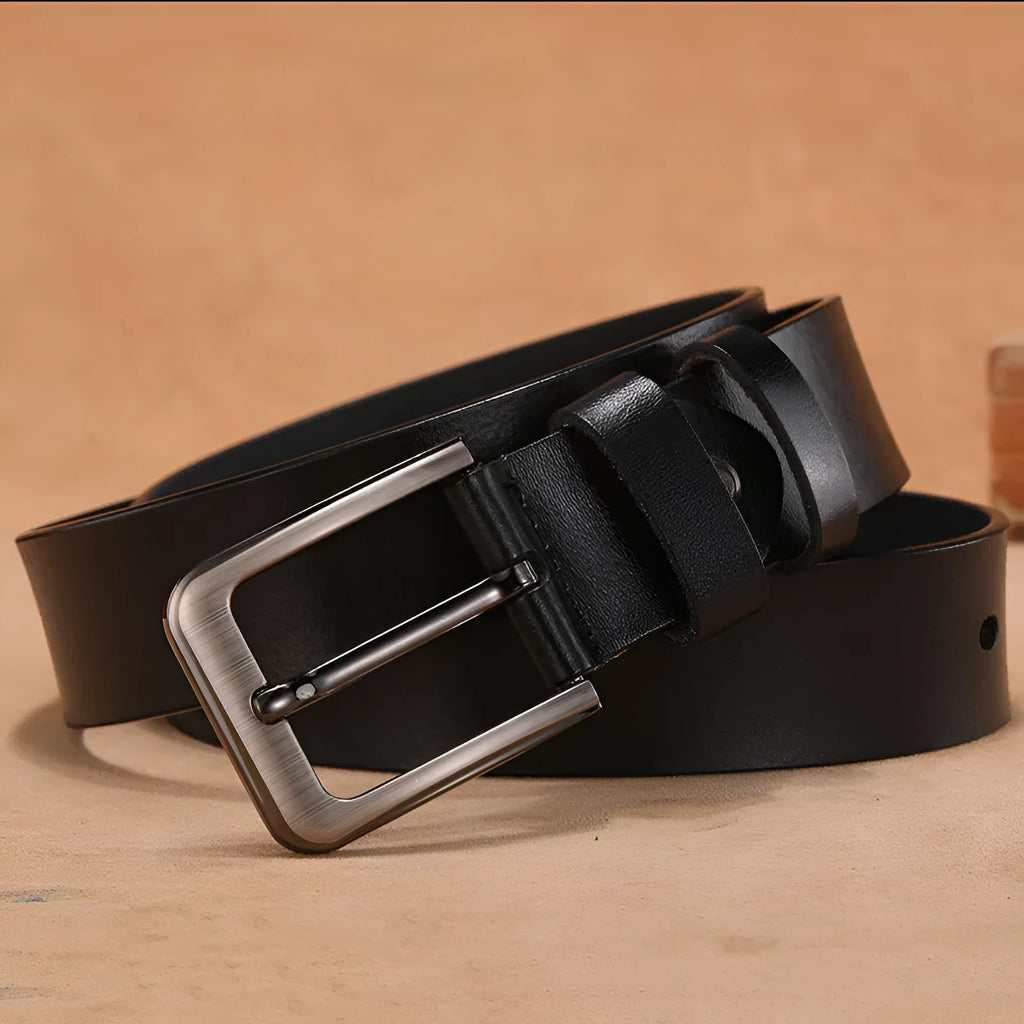 Alloy square-head pin buckle casual belt in black or brown, showing needle buckle fastening.