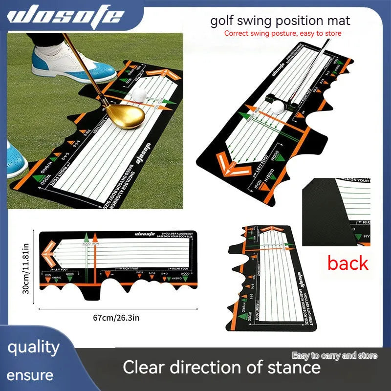 Black neoprene golf swing posture training mat for alignment and stance correction.